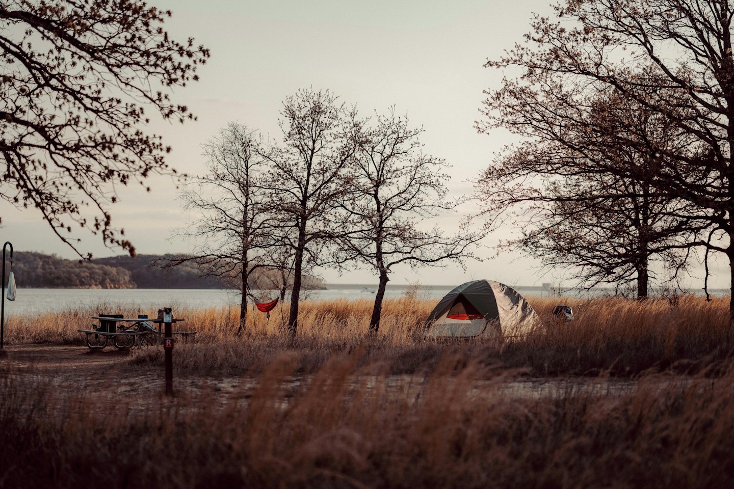 Tent pitched in dry grass by water with red hammock.