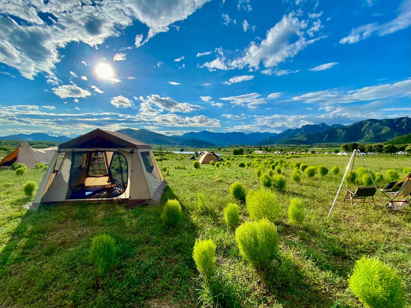 Colorful tents sit in a grassy field near mountains and water.
